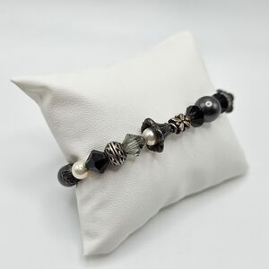 VINTAGE Black Faux Pearl Gunmetal Tone Beaded Bracelet Goth